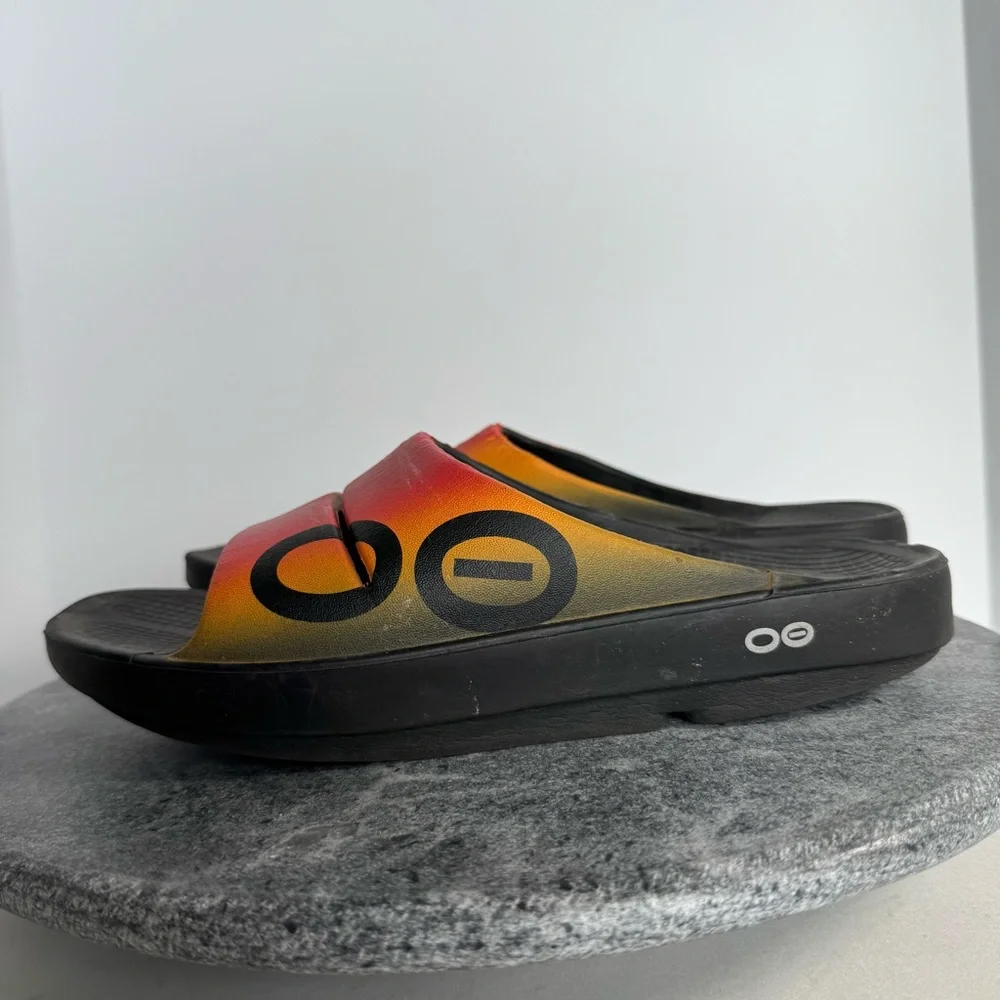 Oofos Ooah Slides Ombre Yellow Red Logo Black 8 10